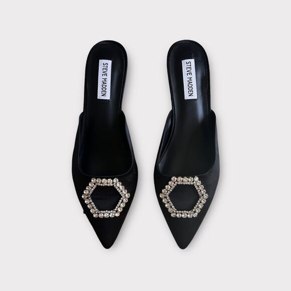 New Steve Madden Black Kees Rhinestone Embellished Kitten Heels Pointy Toe US 8 - Picture 1 of 5
